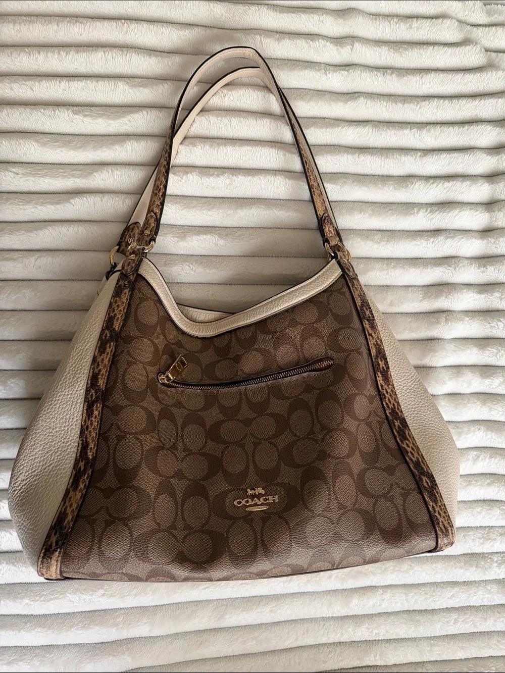 Coach Brown Signature Canvas Hobo with Leopard-Print Trim